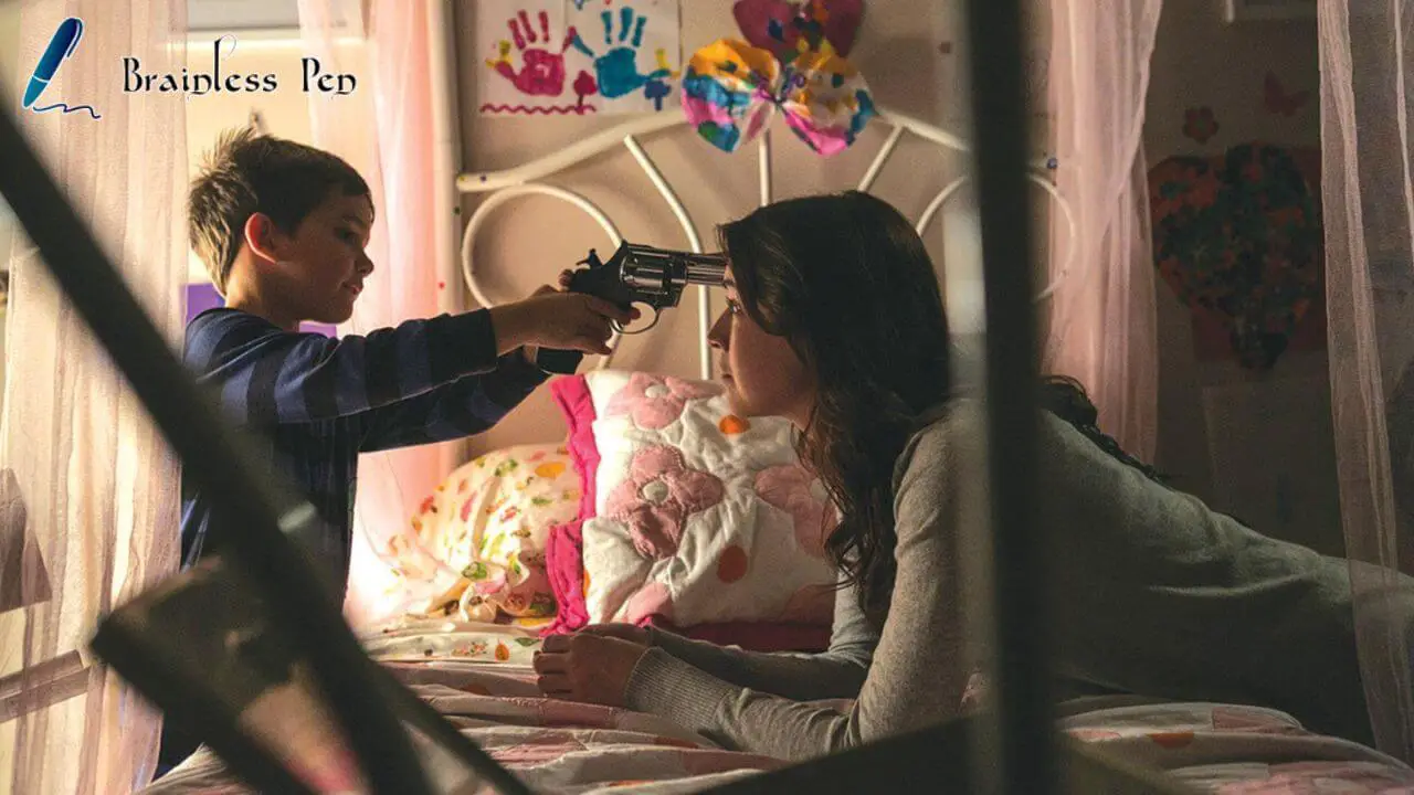 Boy gun scene from movie Emelie (2015)